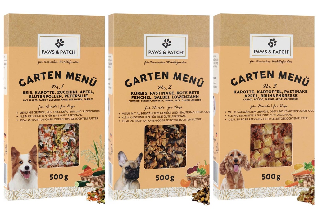 drei beige Verpackung aus Pappe mit Sichtfenstern, die jeweils die Menümischungen der drei verschiedenen Sorten zeigen