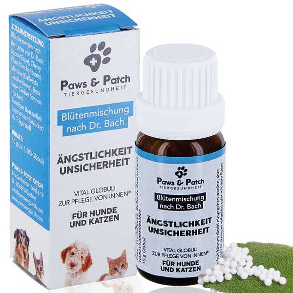 Hellblau-weiße Pappverpackung mit braunen Glasfläschen davor, die die zwei verschiedenen Blütenmischungen beinhalten