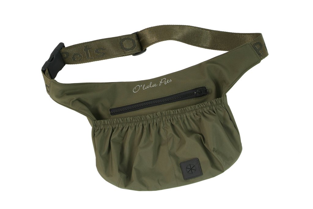 Olivegrüne, leicht geraffte Bauchtasche mit weiteren Taschen und Tragegurt