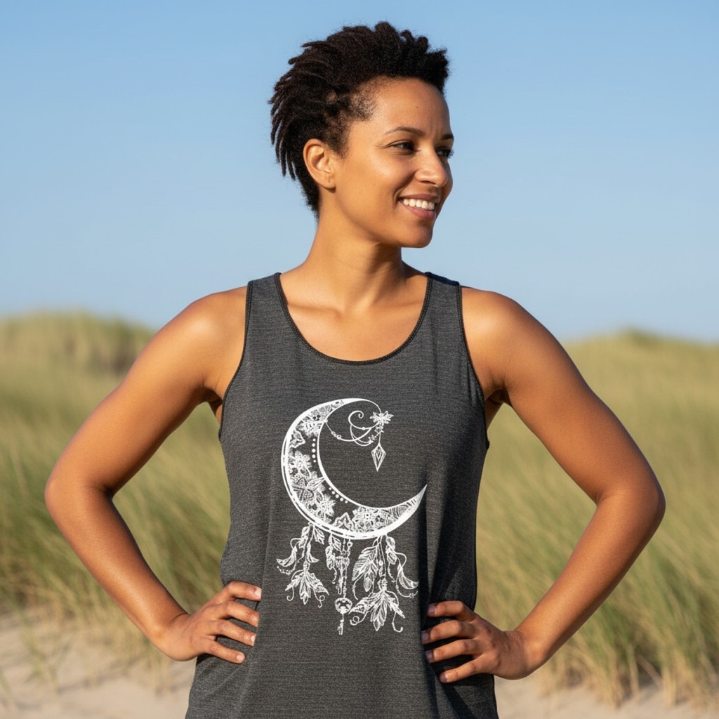 Frau in leichtem Tanktop mit Druck Traumfänger und Mond