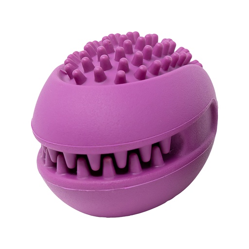 Oval-rundes, lilafarbenes Trainingsutensil mit Noppen in Form einer Venusfliegenfalle mit Mitte zum Befüllen mit Leckerlis