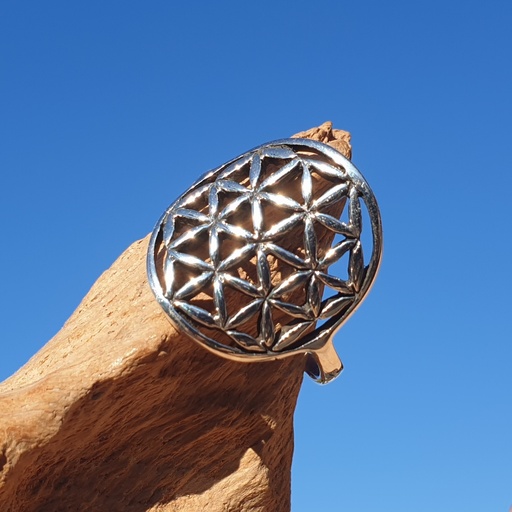 Ring mit großem Ringkopf im Muster der Blume des Lebens