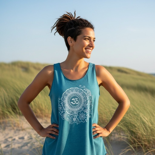 Frau in leichtem Tanktop mit Druck Om-Mandala