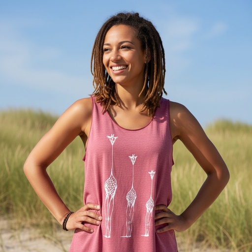 Frau in rotem, leichtem Tanktop mit Druck dreier Giraffen